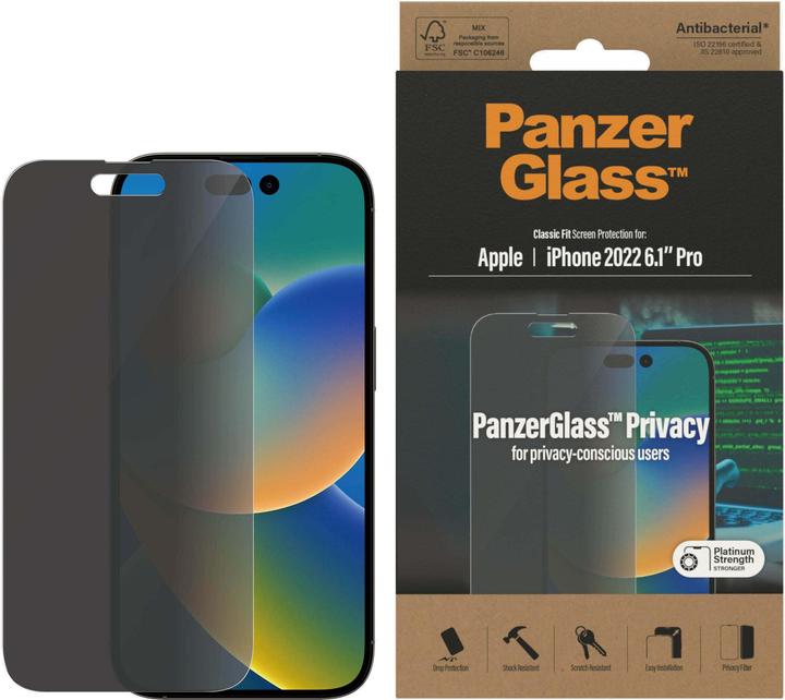 Actual product image PanzerGlass Classic Fit Privacy (1 Piece, Apple iPhone 14 Pro)