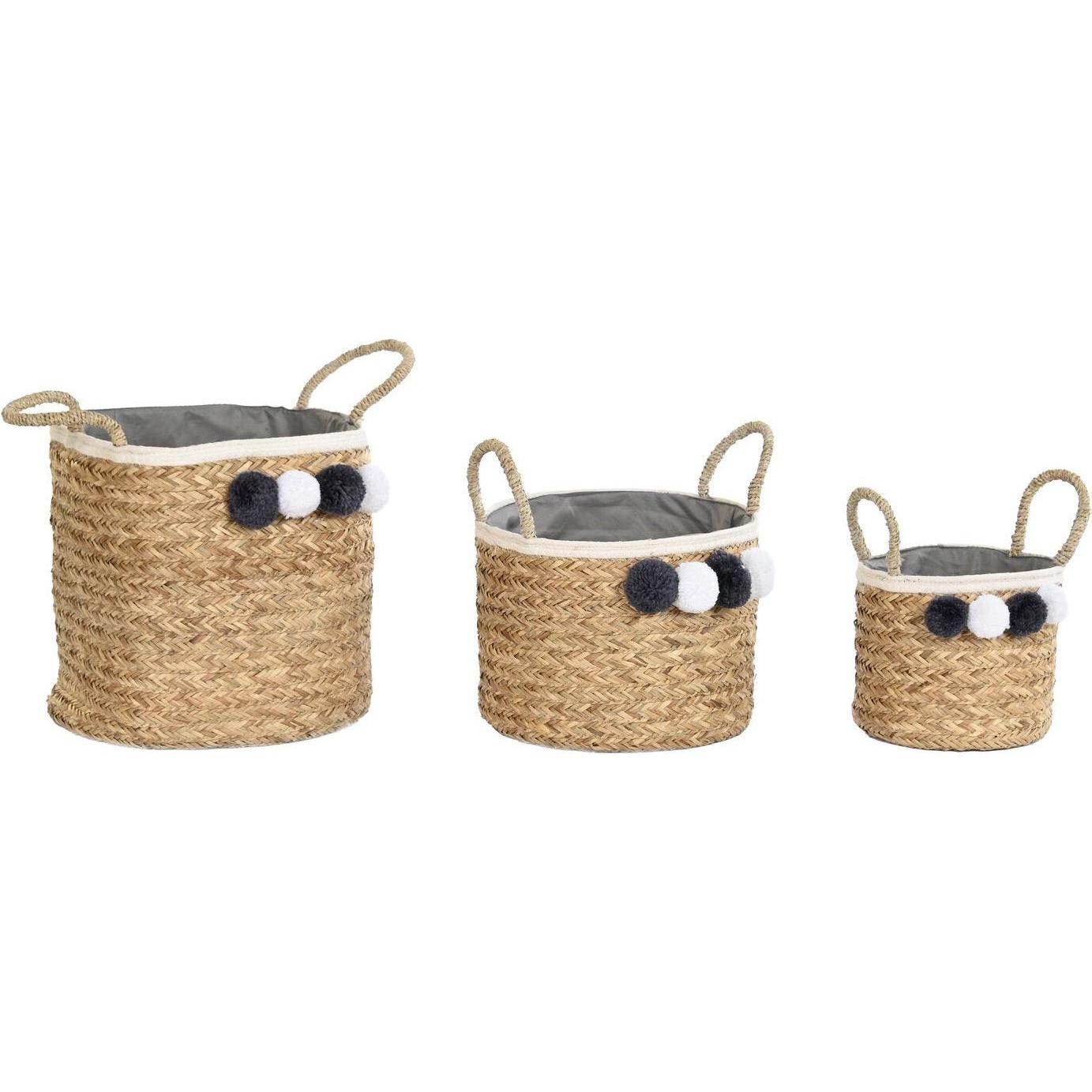 DKD Home Decor, Cesta, Basket set Natural Cotton Pompoms Natural Fibre (40 x 40 x 35 cm)