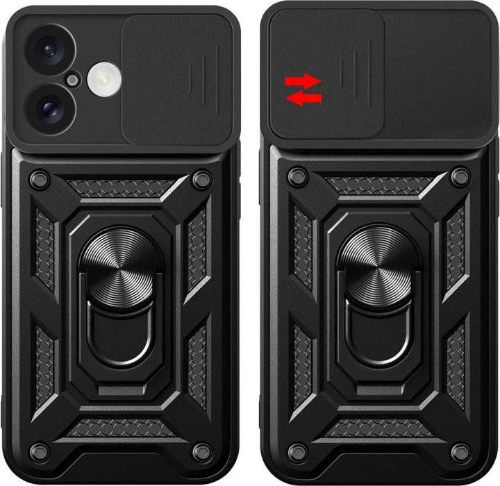 Actual product image Hurtel Hybrid Armor Camshield iPhone 16 Plus Armoured Case with Camera Cover and Stand - Black (Apple iPhone 16 Plus)