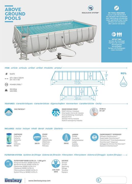 Produktbild Bestway Rectangular Frame Pool 671x366x132cm (671 x 366 x 132 cm)