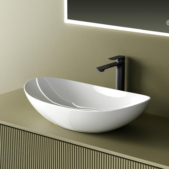 Produktbild Emke Aufsatzwaschbecken Ovales Waschbecken Keramik Waschbecken Waschtisch Weiss Glänzend 615 x 360 x (360 mm, 615 mm)