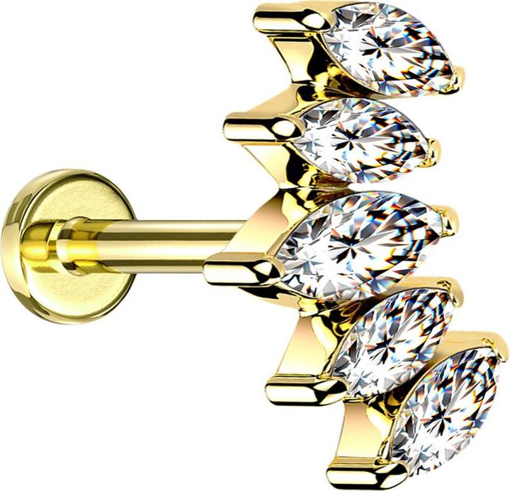 Actual product image Star Piercing Micro Labret internal thread gold plated compartments with five crystals silver (Surgical steel 316L)