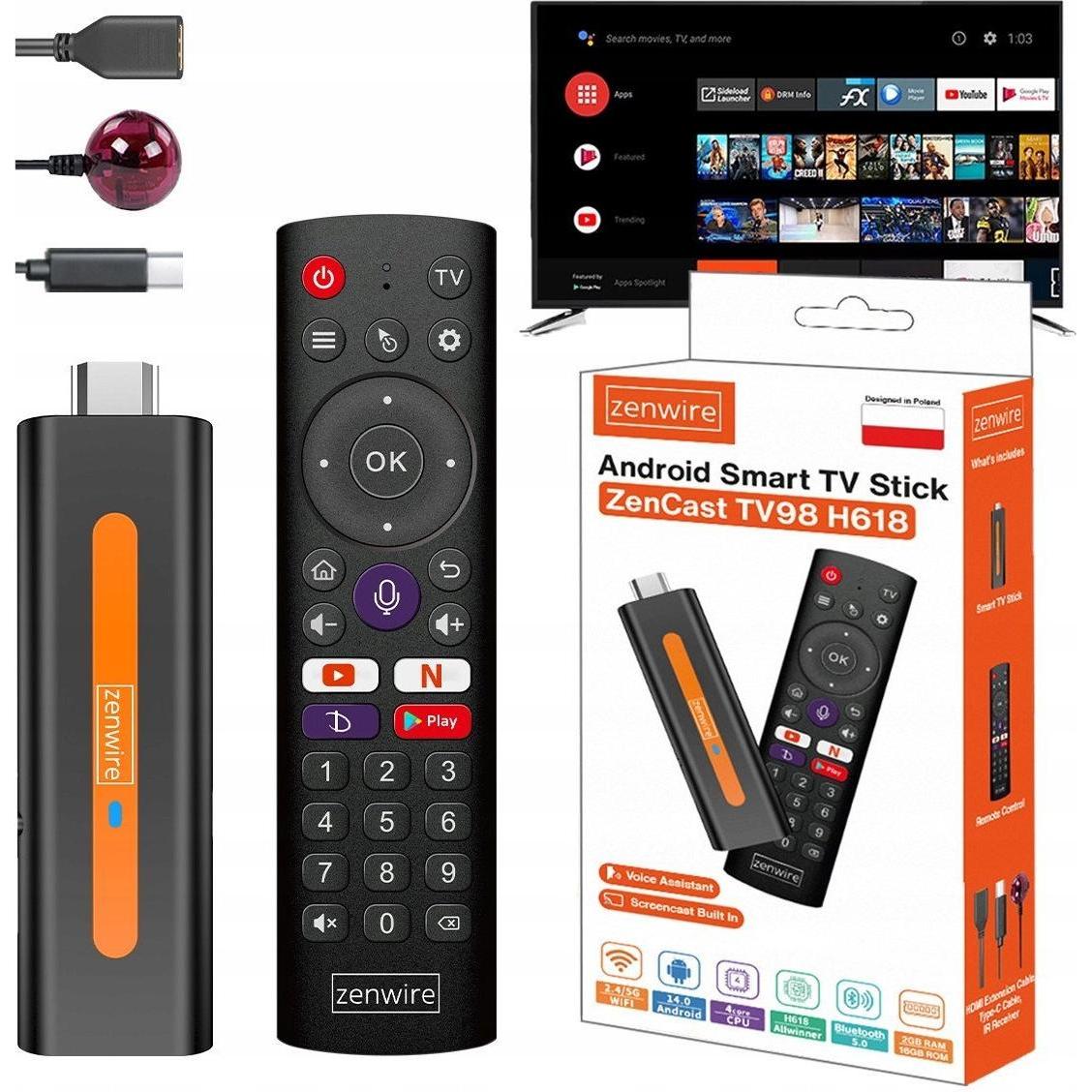 Retoo Odtwarzacz Multimedialny Przystawka Android 14 Smart TV Stick Box WiFi 2/16 ZENWIRE TV98 H618 (16 GB, Android 14), Box per lo streaming