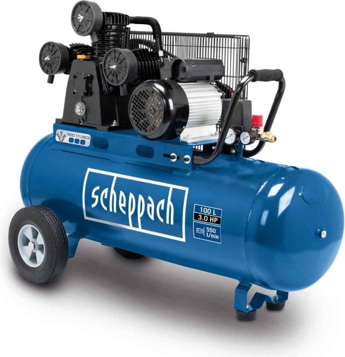 Immagine prodotto Scheppach Compressore a tre cilindri 2200W, 10 bar con serbatoio da 100 L, trasmissione a cinghia, 2x attacco (10 bar, 100 l)