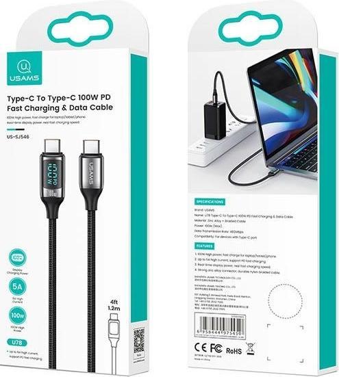 Produktbild Usams Kabel pleciony U78 USB-C na USB-C LED 1.2m 100W Fast Charging czarny/black SJ546USB01 (US-SJ54 (1.20 m, USB 3.2 Gen 1, 100 W)