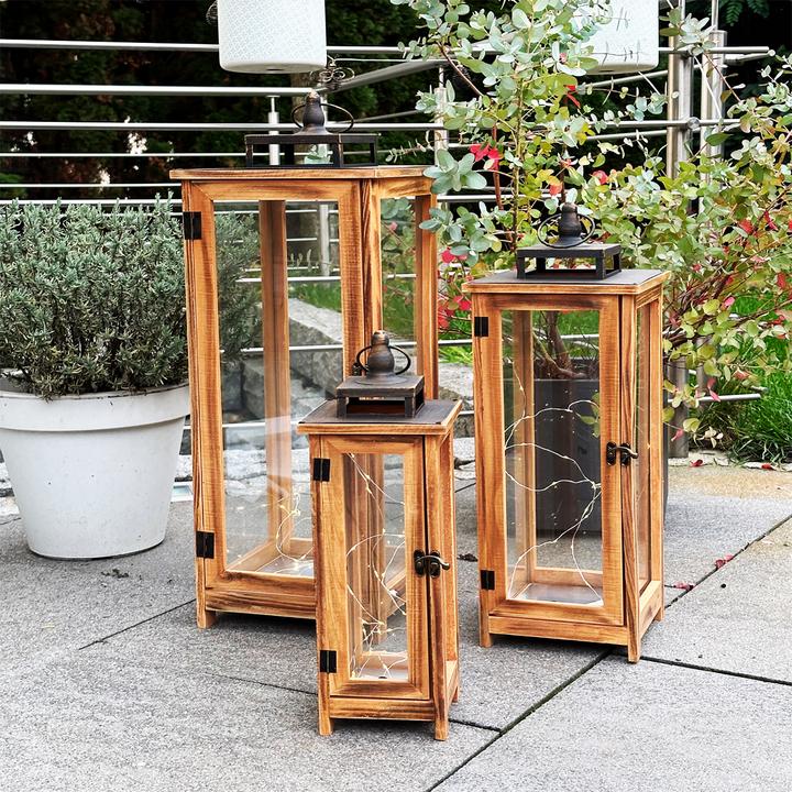 Produktbild Mojawo 3er XXL Design Holz-Laternen-Set Windlicht Gartenlaterne Edelstahldach