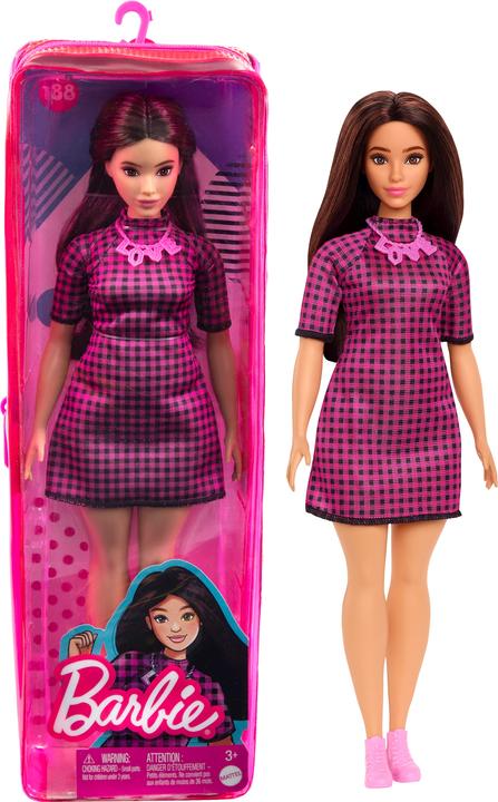 Actual product image Barbie Fashionistas doll in pink and black plaid dress, curvy, "Love" necklace, for children from 3 to 8