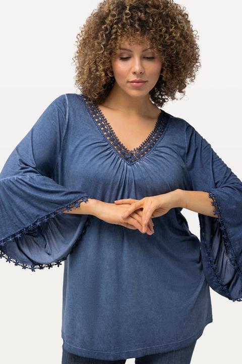 Produktbild Ulla Popken T-Shirt, cold dyed, Spitze, V-Ausschnitt, 3/4-Arm (50, 52)