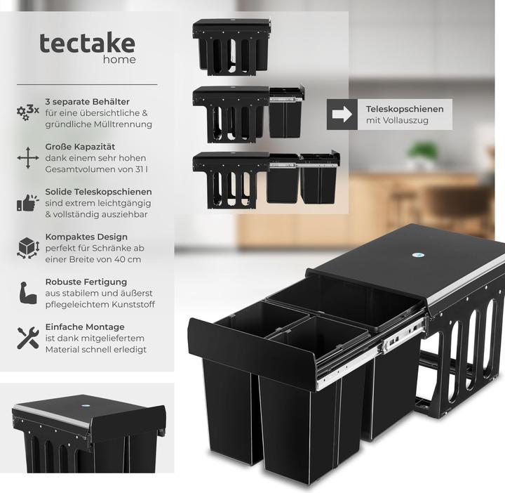 Actual product image tectake Abfallsammler Ashlyn, 3-fach Trennung, 31L, Teleskopschienen
