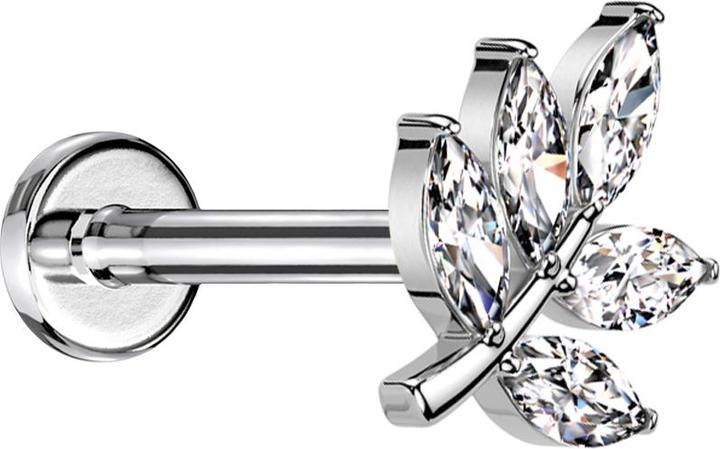 Actual product image Star Piercing Micro Threadless Labret silber Blatt silber fünf Ovale Kristalle silber (Brass, Surgical steel 316L)