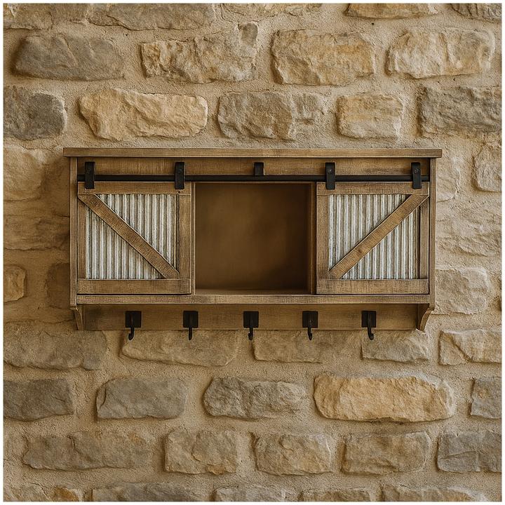 Produktbild HTI-Living Rustikaler Wandschrank mit Schiebetüren und Haken (78 x 17 x 42.50 cm)