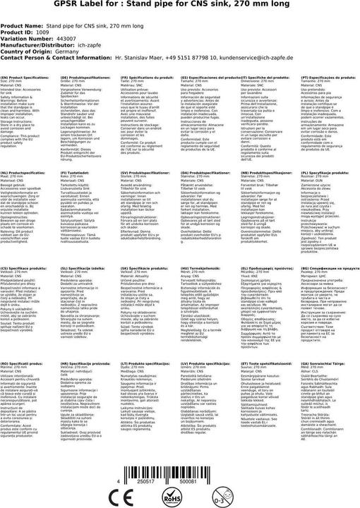 Immagine prodotto Ich-zapfe Standrohr für Spülbecken aus CNS, 270 mm lang