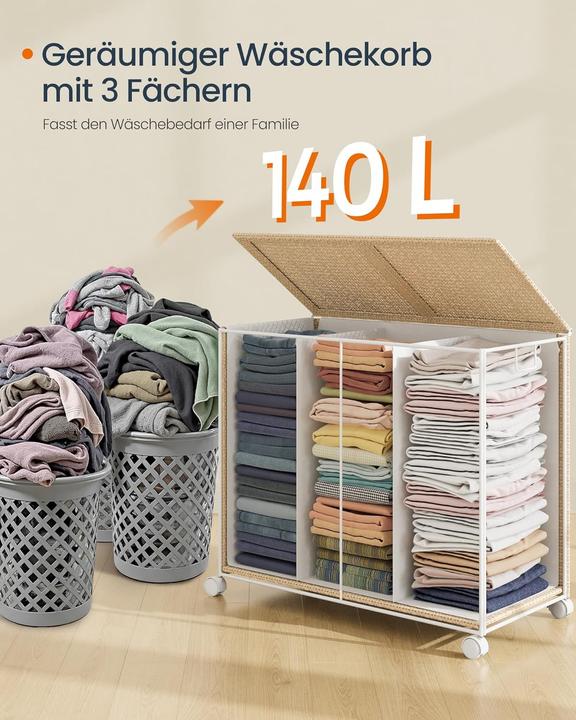 Produktbild Songmics Wäschekorb Rattan-Optik 3 Fächer (140 l)