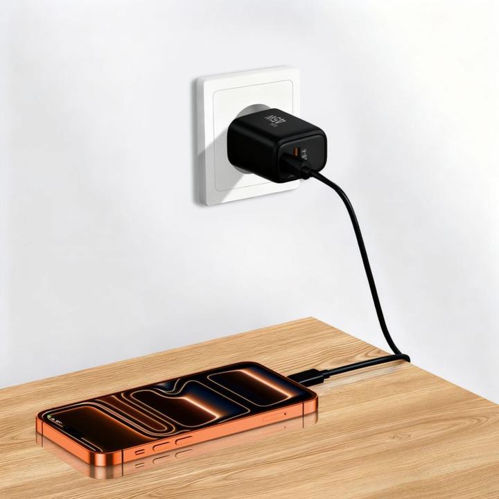 Image du produit Tech-Protect NCA45W-GAN 2-PORT NETZLADEGERÄT PD 45W / QC3.0 + TYPE-C KABEL SCHWARZ (45 W, 2 ports)