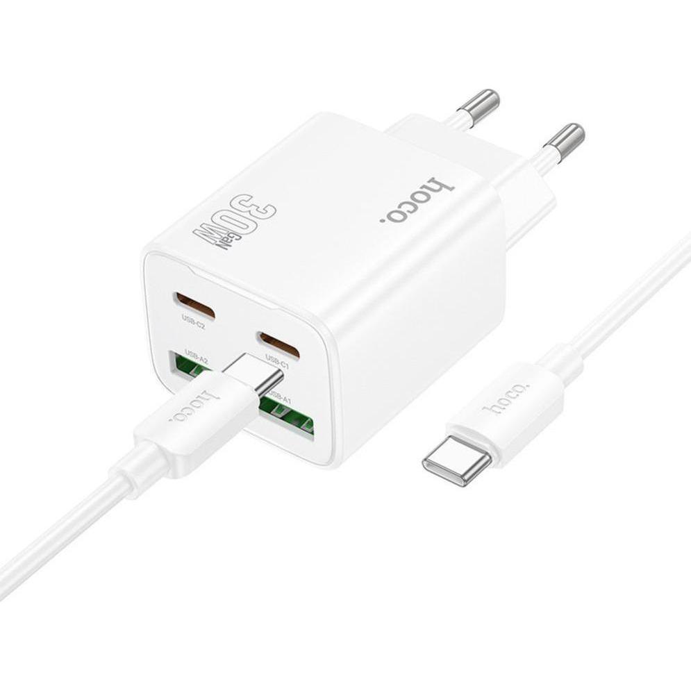 Hoco Adapter charger 2 x Type C + 2 x USB A + cable Type C to Type C PD QC3.0 3A 30W N56 white (30 W), Caricatore USB, Bianco