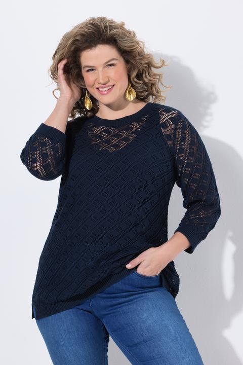 Produktbild Ulla Popken Pullover, Fischernetz-Ajourstrick, Rundhals, 3/4-Arm (54)