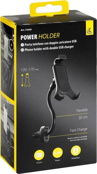 Produktbild Lampa Handyhalterung mit flexibelem Arm und Doppel-Usb-Steckdose, 12/24V