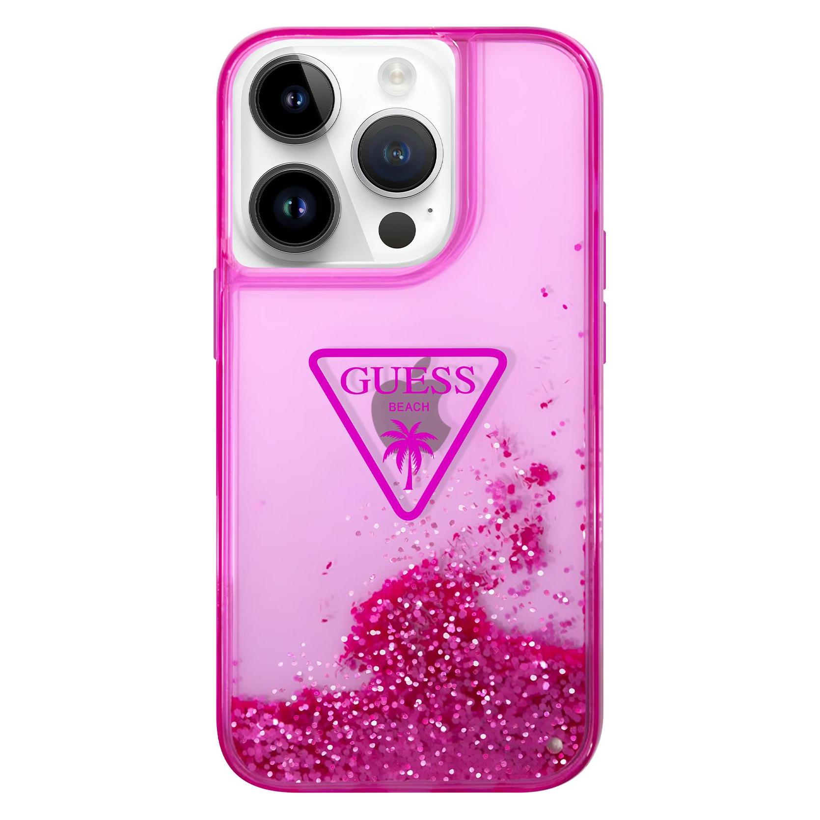 Guess Hülle Glitter Palm, Rosa Series (Apple IPhone 14 Pro), Smartphone Hülle, Rosa