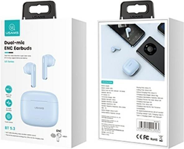 Actual product image Usams Słuchawki Bluetooth 5.3 TWS US Series Dual mic bezprzewodowe niebieskie/blue BHUUS03 (NC, Wireless)