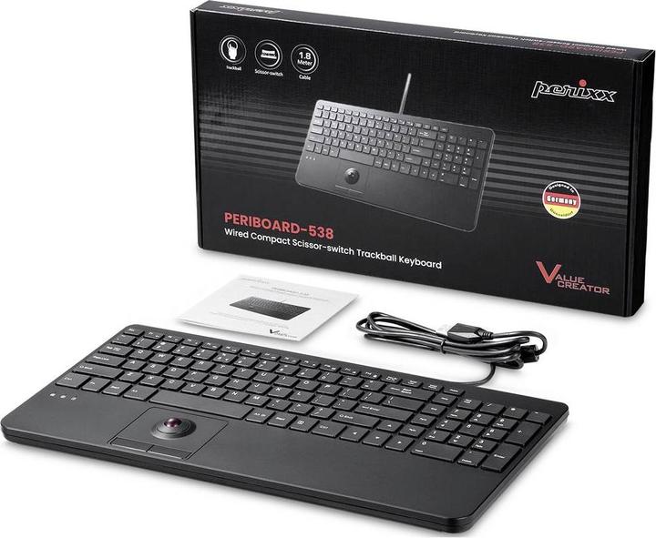 Produktbild Perixx PERIBOARD-538 H DE, Kabelgebundene USB-Tastatur mit Trackball - Scherentasten - 2 USB-Hubs in (DE, Kabelgebunden)