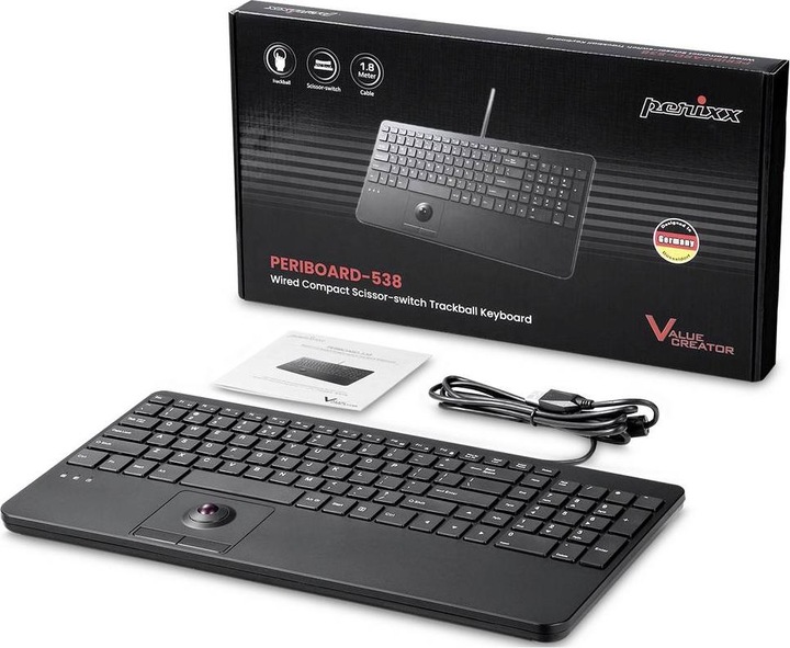 Actual product image Perixx PERIBOARD-538 H EN, wired USB keyboard with trackball - scissor keys - 2 USB hubs in (DE, Cable)
