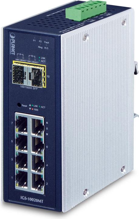 Planet IP30 industriel 8x 1000TP + 2x 100/1000F SFP commutateur Ethernet entièrement géré (-40 à 75 degrés (8 ports)