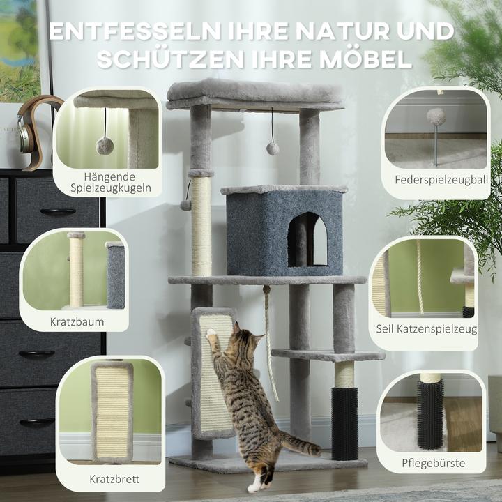 Produktbild PawHut Kratzbaum Spanplatte, Polyester Hellgrau (132 cm, Hellgrau+Cremeweiss)