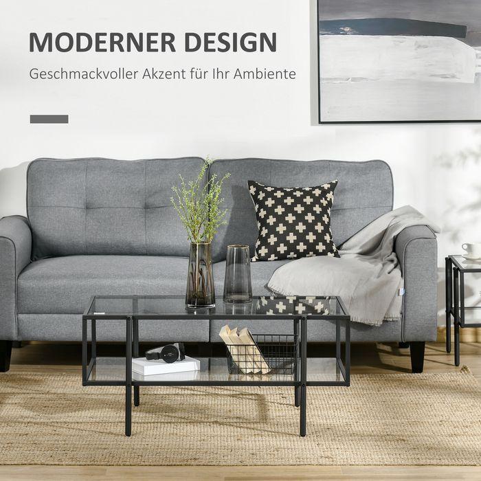 Produktbild Swisshandel24 Beistelltisch Glas Couchtisch mit 3 Regalen mit Stahlrahmen Glas Schwarz 100 x 55 x 45,5 cm