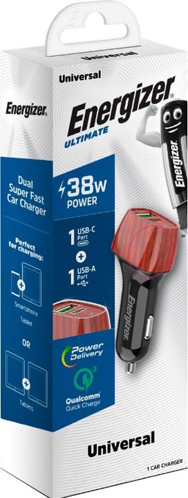 Produktbild Energizer Car Charger - Power Delivery & QC3 - 38W - 1 USB-C & 1 USB-A, Holz Look