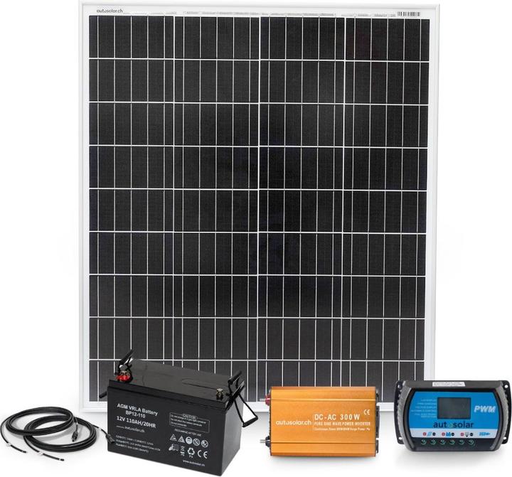 Immagine prodotto Autosolar Sistema solare da 100W con batteria AGM da 110Ah e inverter da 300W (100 W)