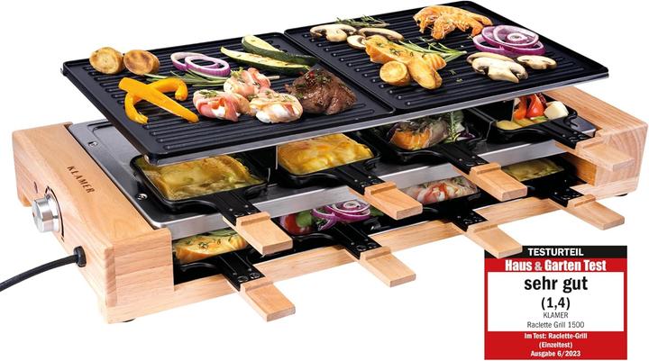 Produktbild KLAMER Raclette 8 Personen 1500W Raclette Grill mit Holzgestell
