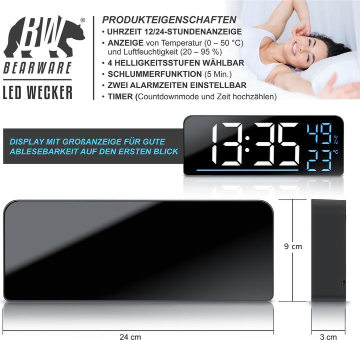 Actual product image Bearware Radio alarm clock digital, LED with 2 alarm times, large display, snooze, temperature & humidity