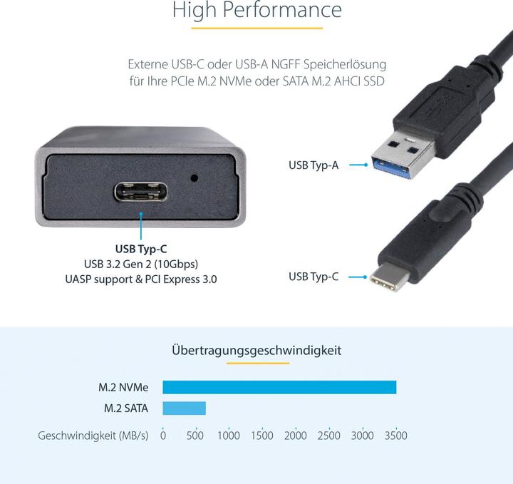 Immagine prodotto StarTech com M2-USB-C-NVME-SATA, SSD-Gehäuse, M.2, M.2, 10 Gbit/s, USB Anschluss, Grau (M.2)