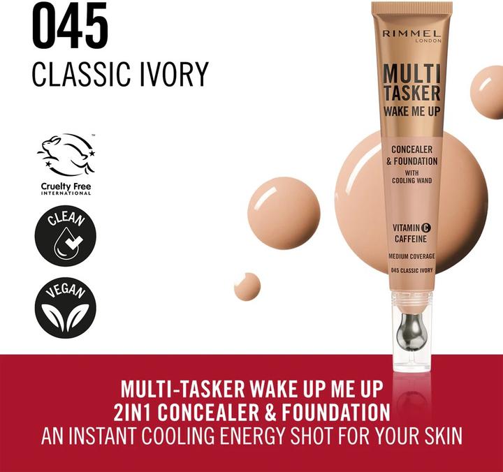 Produktbild Rimmel London Rimmel Multi-Tasker Wake Me Up Foundation & Concealer 20ml 045 Classic Ivory (045 Classic Ivory, 45 Vanilla Rose, Classic Ivory)