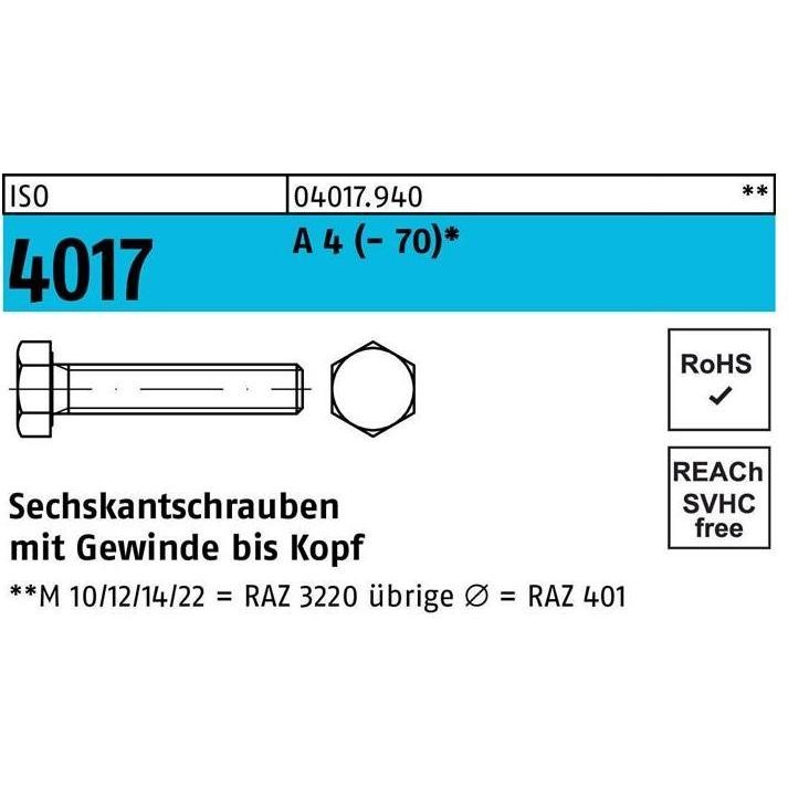 Bufab, Schrauben, Sechskantschraube ISO 4017 VG M 22 x 70 A 4 (- 70) (10 Schrauben pro Stück)