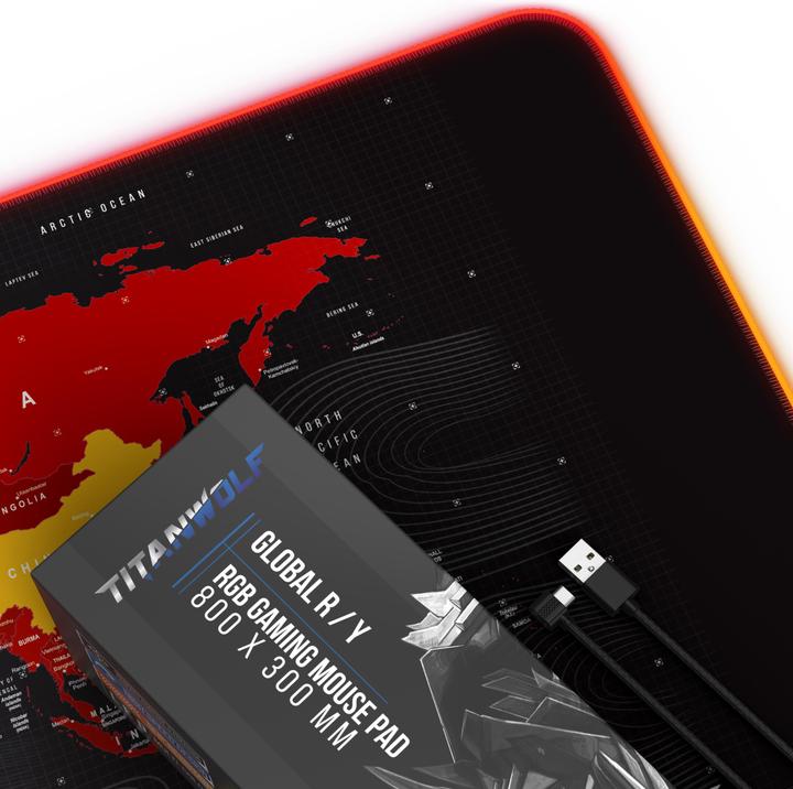 Produktbild Titanwolf RGB Gaming Mauspad, Mausmatte XL 800 x 300mm verbessert Präzision & Geschwindigkeit, Weltkarte rot (XL)