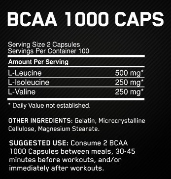 Valori nutrizionali e ingredienti Optimum Nutrition Mega-Size BCAA (400 Pezzo/i, Pillole, 255 g)