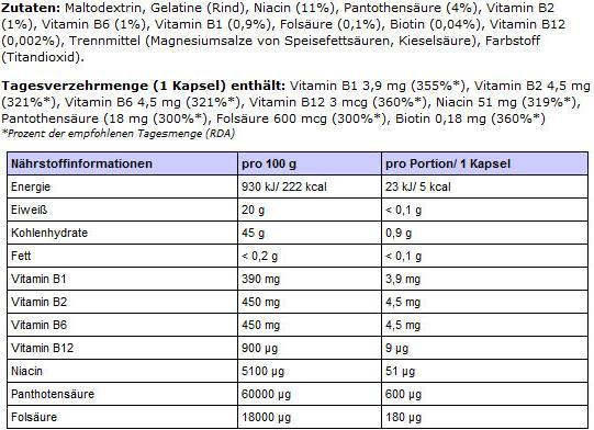 Valori nutrizionali e ingredienti Body Attack B-Complex (100 Caps) (100 pz.)