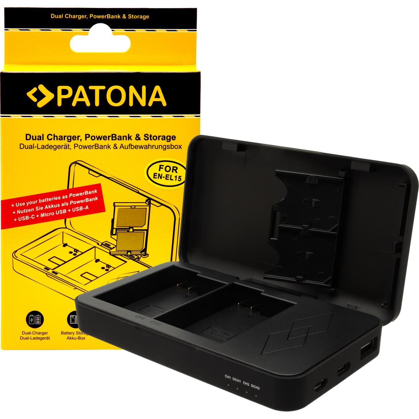 Patona Caricatore doppio EN-EL15 Powerbank (Caricabatterie per fotocamere), Alimentatore fotocamera, Nero