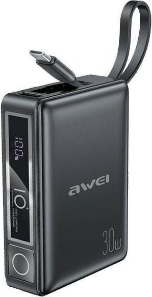 Actual product image Awei PowerBank z wbudowanym kablem P87K 10000mAh czarny/black 30W (10000 mAh, 30 W)