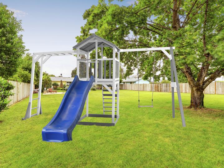 Actual product image Axi Beach Tower Play Tower with Climbing Frame and Single Swing - Blue Slide