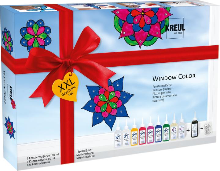 Kreul Window Color XXL (Glitzer-Silber, Rehbraun, Royalblau, Pink, Rubinrot, Goldgelb, Schneeweiss, Glitzer-Gold, Mairün, Schwarz, 800 ml)