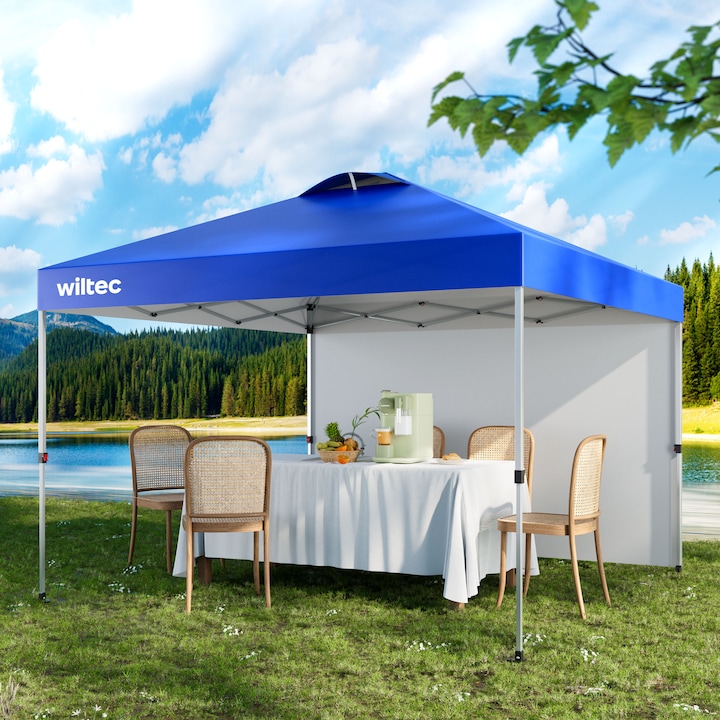 Produktbild Wiltec Pop up Pavillon 3x3m blau Seitenteil Räder Gartenpavillon Faltpavillon (300 cm, 300 cm)