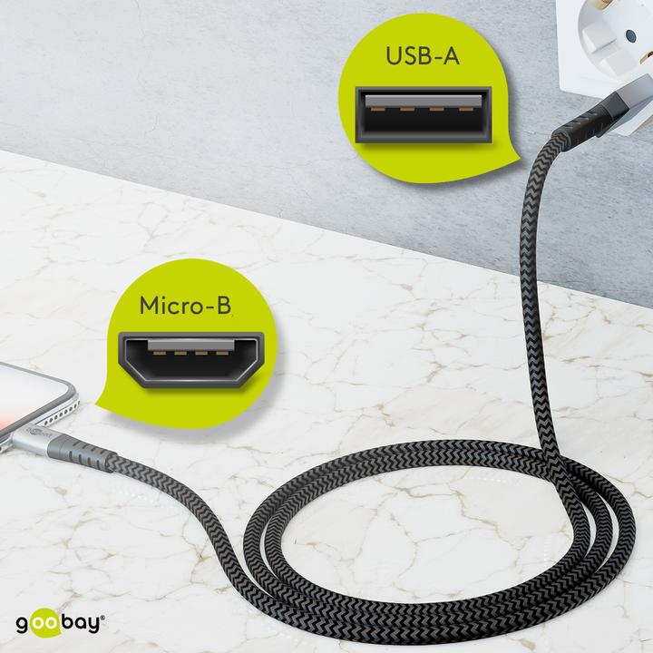 Immagine prodotto Goobay Cavo tessile da micro USB a USB-A con spine in metallo (grigio spazio/argento) 2 m, 2 m, nero-grigio (2 m, USB 2.0)