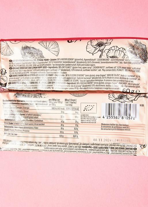 Nutritional values and ingredients KoRo Organic baked oat bar lemon poppy seed (15 pcs., 900 g)