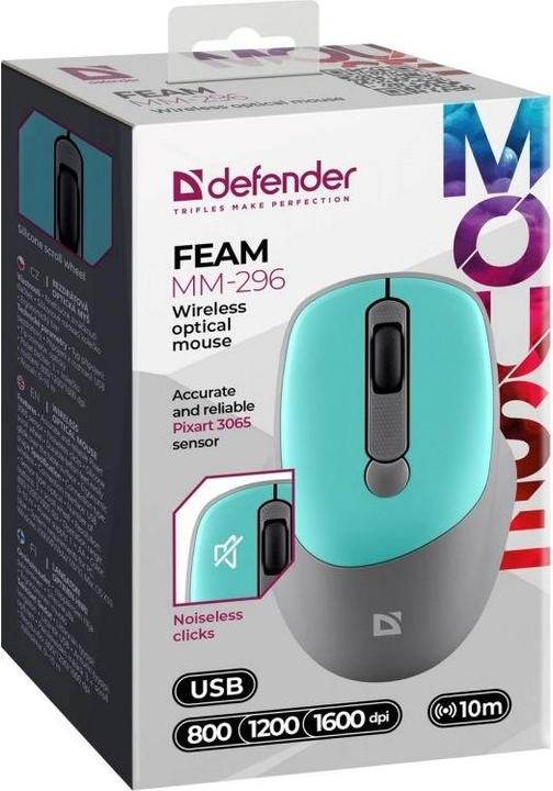 Actual product image Defender FEAM MM-296 RF 1600 DPI wireless silent click mouse Mint (Wireless)