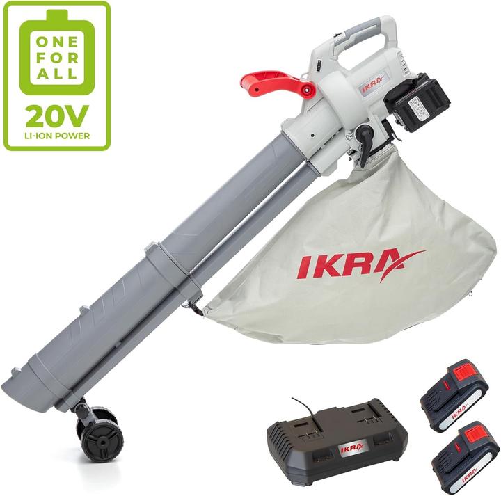 Ikra 3-in-1 Leaf Vacuum Blower Shredder with 2 Rechargeable Batteries & Dual Charger (Rechargeable battery operated, Leaf blower, Leaf vacuums)
