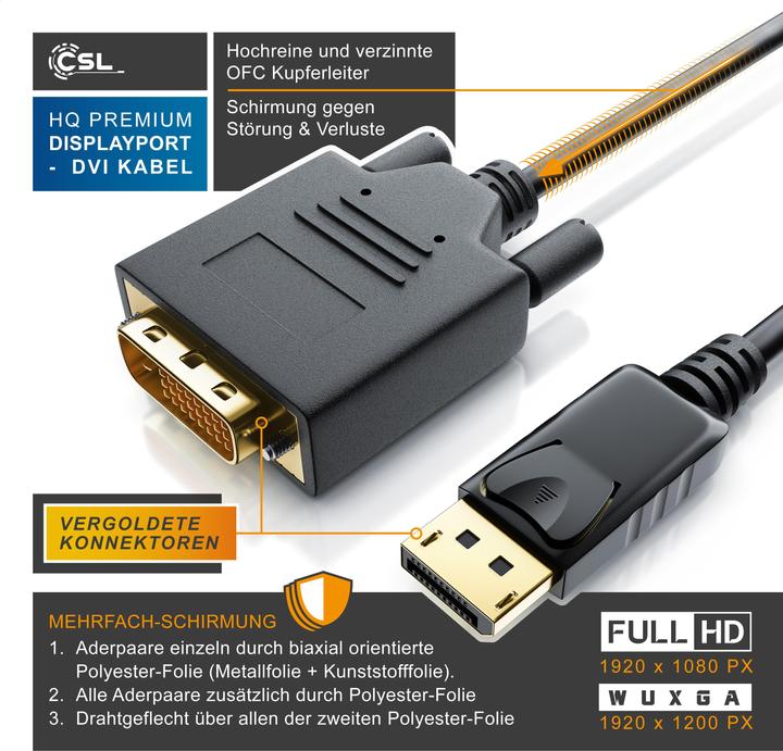 Produktbild CSL DisplayPort Video-Kabel, 20 Pins, DVI-D, Monitorkabel, HDCP und EDID Zertifiziert, FHD Ausflösung (1 m, DisplayPort, DVI)