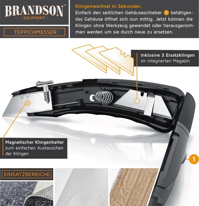 Image du produit Brandson Couteau à tapis, couteau à carton, couteau professionnel, cutter avec lames trapèzes de rechange (Cutters)