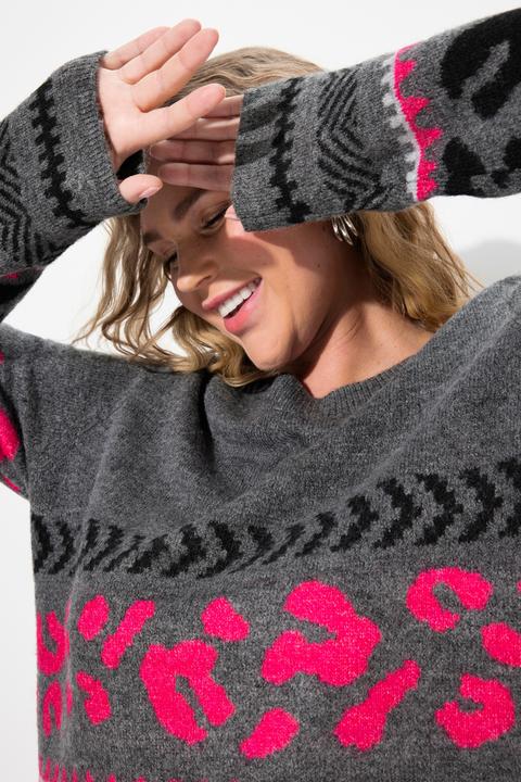 Actual product image Ulla Popken Mixed Leopard Stripe Long Sleeve Sweater (54)